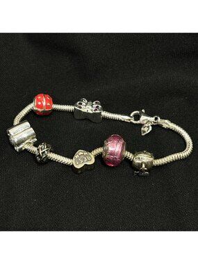 Michael Anthony 925 Italy Silver Charm Bracelet W/ Murano Glass & Heart Charms